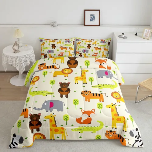 Vista 8 de Erosebridal Juego de ropa de cama individual de animales del zoológico para niños, lindo juego de edredón de animales salvajes de dibujos animados