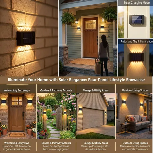 Vista 5 de ASLIDECOR 10 luces LED solares de pared hacia arriba, paquete de 4 lámparas iluminadas con sensor de luz solar al aire libre, IP65, impermeable