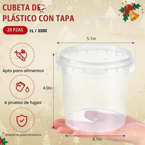 Vista 2 de PerKoop 20 piezas cubos de helado de 32 oz con tapas y asas, cubos transparentes de cóctel de ron con calcomanías, tina transparente de plástico