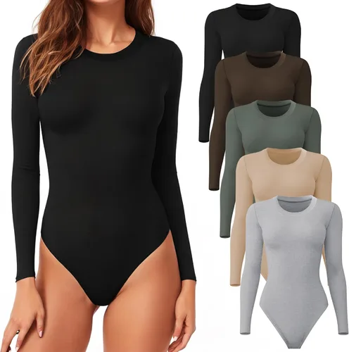 Vista 9 de CE' CERDR Paquete de 4/5 Bodies de Manga Larga para Mujer Cuello Redondo Casual Elástico Camisetas Básicas Cuello Redondo Body Suits Tops