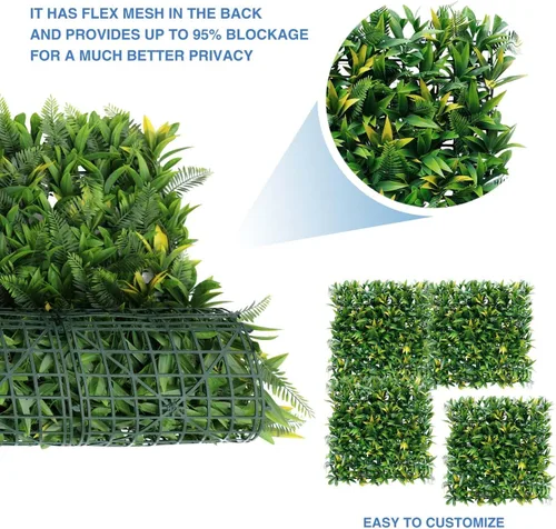 Vista 5 de E&K Panel de valla de plantas artificiales de 20 x 20 pulgadas, hojas sintéticas, césped, panel de privacidad para interiores y exteriores