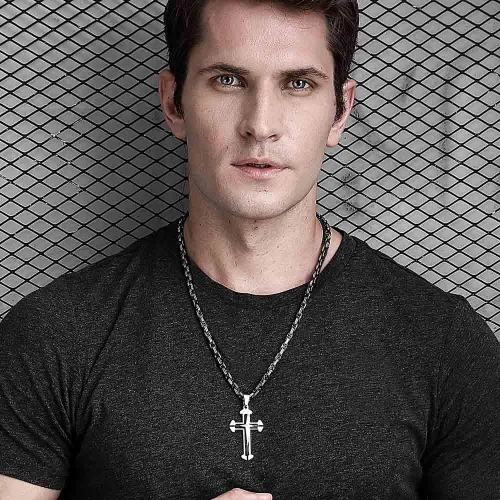 Vista 2 de Trendsmax - Collar con colgante de cruz para hombre, acero inoxidable, cadena bizantina de 22 24 26 28 30 pulgadas