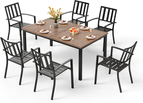 Vista 17 de PHI VILLA Juego de comedor al aire libre de 7 piezas para 6, mesa rectangular de metal negro de 60 pulgadas con agujero para sombrilla y sillas