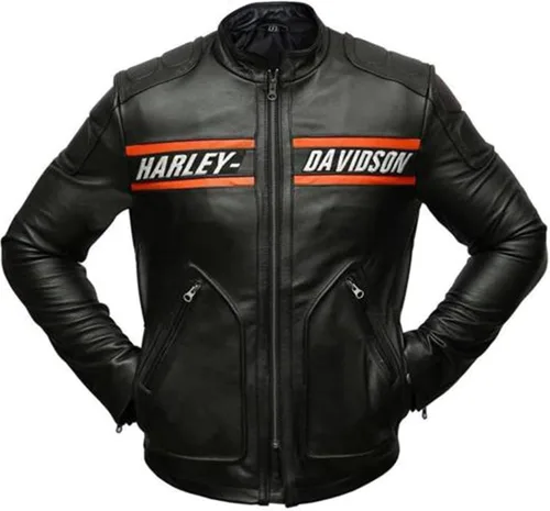 Vista 2 de JILDISH Chaqueta de cuero para motociclista - HD Bill Goldberg - Chaqueta de motocicleta negra para hombre - Chaqueta de cuero Cafe Racer