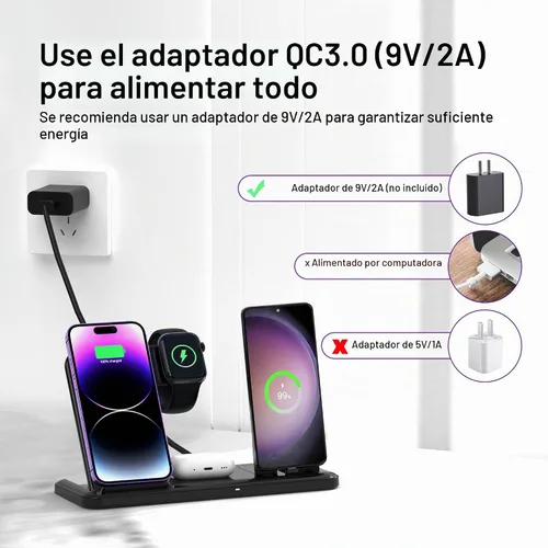 Vista 6 de Cargador inalámbrico para estación de carga de iPhone, plegable 4 en 1, carga rápida para iPhone 16, 15, 14, 13, 12 Pro Max, soporte de cargador