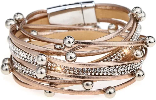 Vista 14 de Suyi Pulsera trenzada de cuero multicapa para mujer, con hebilla magnética Perla Caqui1
