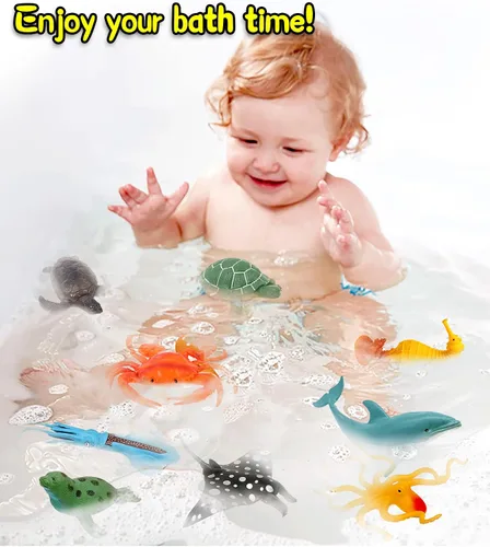 Vista 5 de Figuras de animales marinos del océano, paquete de 12 juguetes de baño de plástico suave realistas para niños pequeños, niños y niñas