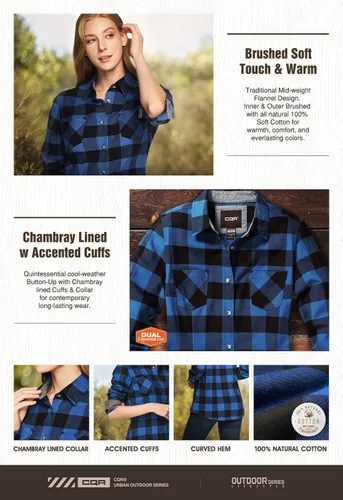 Vista 3 de CQR - Camisa de franela a cuadros para mujer, de manga larga, casual, de algodón suave cepillado y con botones
