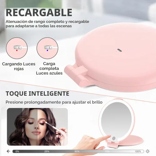 Vista 4 de FUNTOUCH Espejo de maquillaje de viaje recargable de 7 pulgadas, aumento Rosa