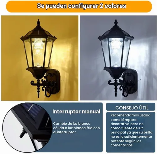 Vista 3 de Lámpara solar decorativa de pared para exteriores, linterna de pared impermeable del atardecer al amanecer, lámpara LED de montaje en pared, 21