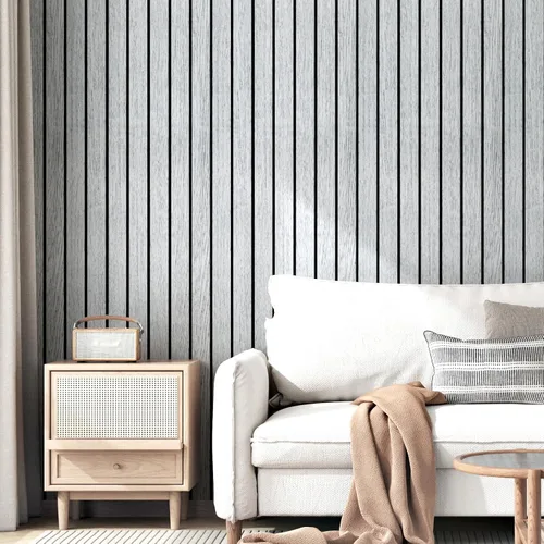 Vista 2 de Wallercity Panel de pared de listones de madera gris/blanco autoadhesivo para paredes, paneles de madera con cancelación de ruido para dormitorio