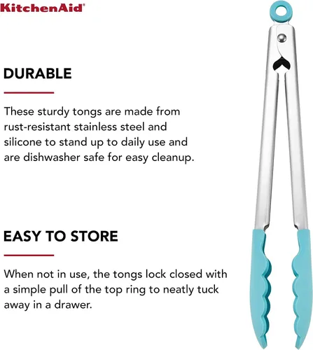 Vista 3 de KitchenAid Pinzas de acero inoxidable con punta de silicona, 12 pulgadas, Aqua Sky