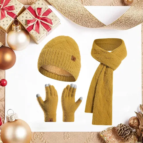 Vista 5 de Gorro de punto de invierno para mujer con guantes para pantalla táctil, gorro de pompón, bufandas para el cuello para hombres