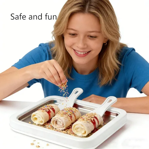 Vista 3 de Máquina para hacer helados enrollados, máquina de rodillo de helado de acero inoxidable con 2 espátulas, bandeja antiadherente de enfriamiento