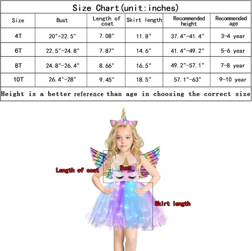 Vista 6 de NSSONBEN Girls Sequin Unicorn Custome LED Light Up Onesie Tutu Dress Birthday Gifts Halloween Costume with Headband and Wings
