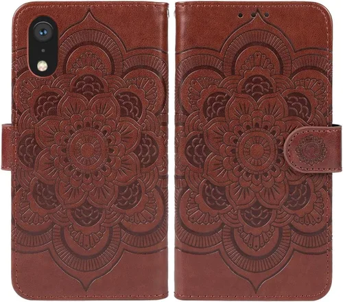 Vista 4 de Funda para iPhone XR, para Apple XR con protector de pantalla de vidrio templado, diseño de mandala en relieve, soporte para tarjeta de crédito