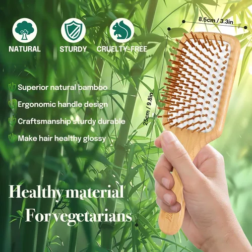 Vista 5 de Sofmild Juego de cepillos de pelo de bambú natural para mujeres, hombres y niños, cepillo desenredante para cabello grueso y rizado y húmedo Negro