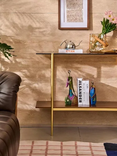 Vista 5 de Mesa consola de vidrio para sala de estar, vestíbulo y entrada, mesa de sofá moderna de mediados de siglo de 2 niveles con parte superior de vidrio