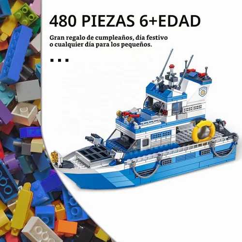 Vista 5 de Conjuntos de bloques de construcción City Boat STEM, juegos de barco de policía y barco, kit de construcción de juguetes de botes de rescate