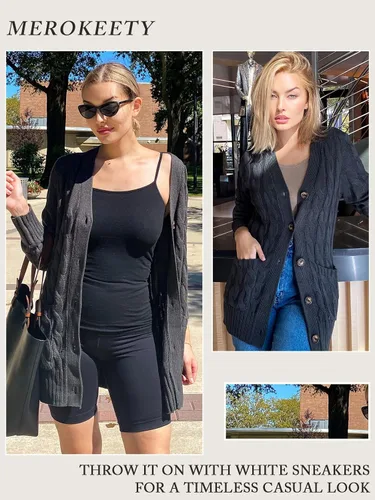 Vista 5 de MEROKEETY - Suéter de punto trenzado y manga larga para mujer, estilo cárdigan abierto al frente, con botones, para otoño, ropa de exterior holgada