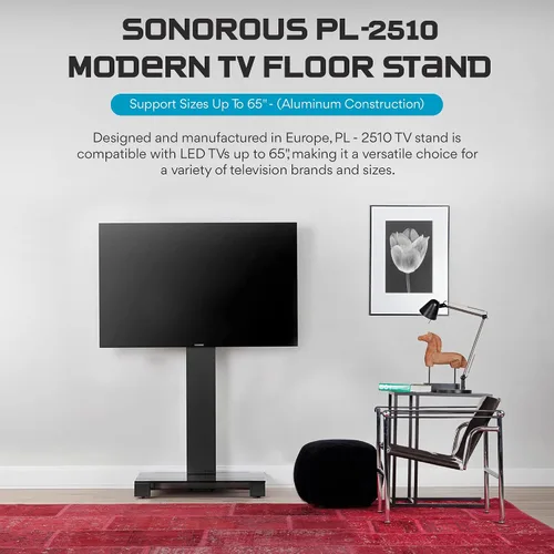 Vista 2 de SONOROUS PL-2510 - Soporte de TV premium para sala de estar y dormitorio, moderno soporte de piso de lujo con soporte giratorio y base de vidrio