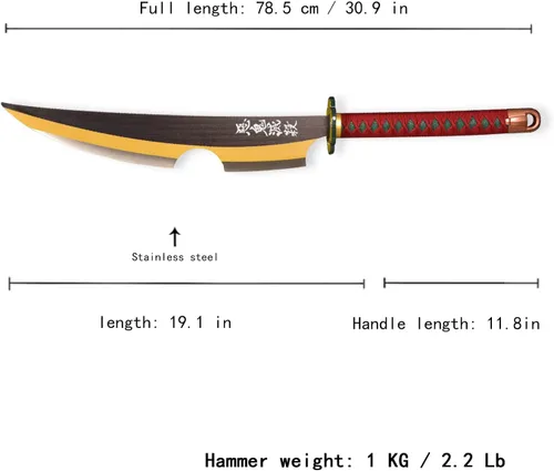 Vista 2 de Sword fort - Katana de acero al carbono de metal real, espada Katana de RengokuTanjiroInosuke de anime Demon Slayer, alrededor de 41 pulgadas