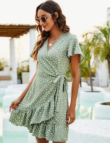 Vista 3 de Naggoo Vestido de verano con diseño envolvente, cuello en V, estampado de lunares o floral, con volantes, manga corta, con cinturón, mini, para mujer
