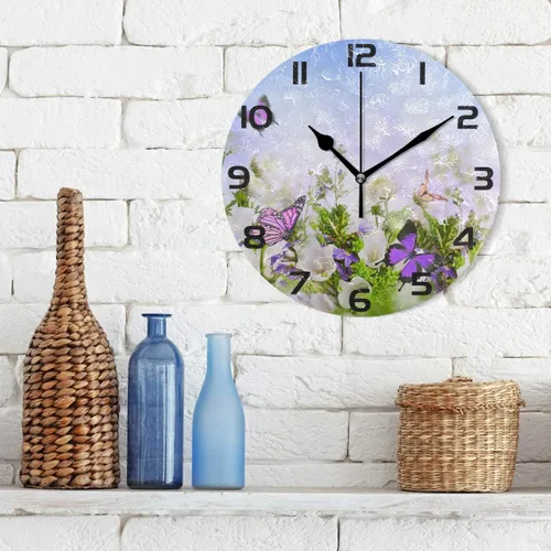 Vista 3 de Reloj de jardín de flores voladoras de mariposa reloj de tipo árabe pintado silencioso sin tictac redondo reloj de pared arte para el hogar