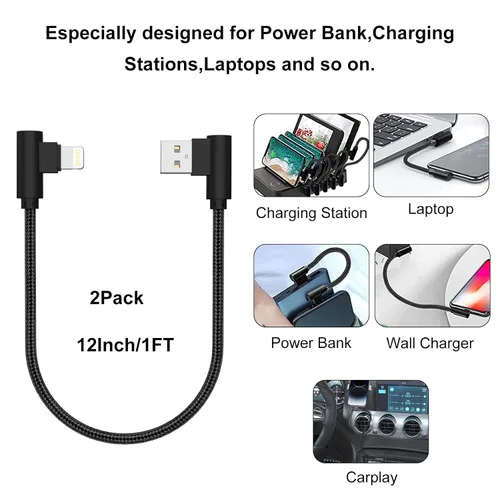 Vista 4 de Cargador para iPhone de 1 pie y 90 grados, 2 unidades, con certificación MFi, cable Lightning corto en ángulo recto, cable de carga rápida para Negro