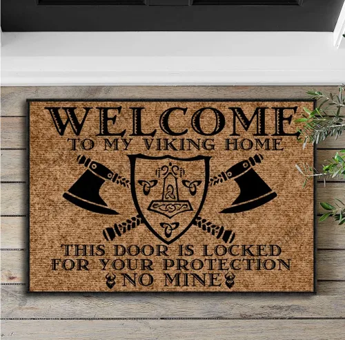 Vista 2 de Tapete divertido para puerta delantera, para exteriores, Welcome to My Viking Home, This Door is Locked for Your Protection No Mine Outdoor Funny