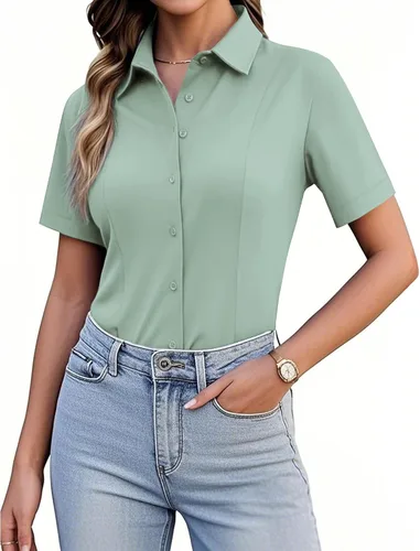 Vista 13 de Siliteelon Camisetas de Botón para Mujer, Ajustadas, de Manga Corta, Elásticas, Camisa de Vestir, Sin Arrugas, Sólida, Blusa de Trabajo