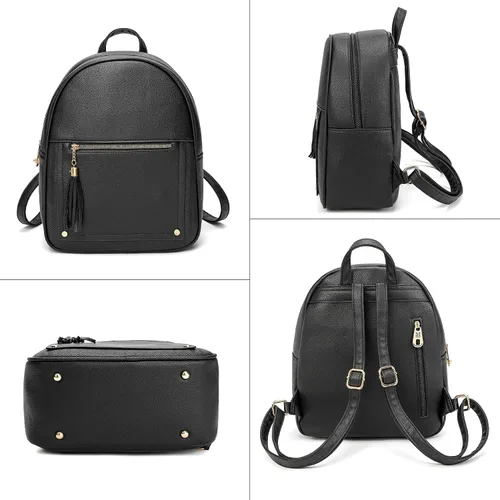 Vista 6 de Mini mochila antirrobo para mujer, bonita mochila escolar para adolescentes y niñas con cremallera segura y borla, Negro, Mochilas de viaje