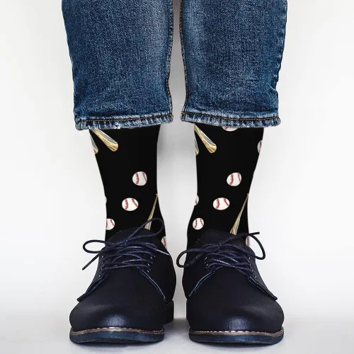 Vista 5 de AOYEGO Calcetines divertidos de béisbol de madera con diseño de murciélago y pelota, diseño de color de contraste para mujeres y hombres, regalo