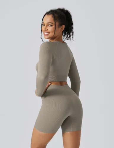 Vista 3 de Buttergene Conjuntos de entrenamiento para mujer, 2 piezas, de manga larga, para yoga, gimnasio, sin costuras, acanalada, con cintura alta, leggings