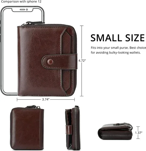 Vista 5 de Carteras pequeñas para mujer, con bloqueo RFID, de cuero, con cremallera, bolsillo para monedas, tarjetero, con ventana de identificación, Café