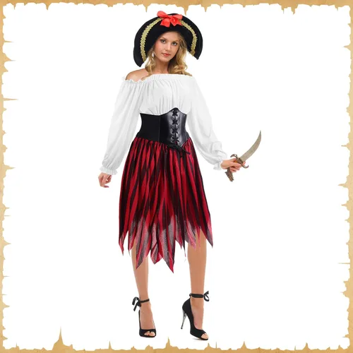 Vista 6 de Newcotte 4 piezas de Halloween para mujer, disfraz de pirata, cosplay, renacentista, blusa con corsé, cinturón de cintura, falda pirata, rayas