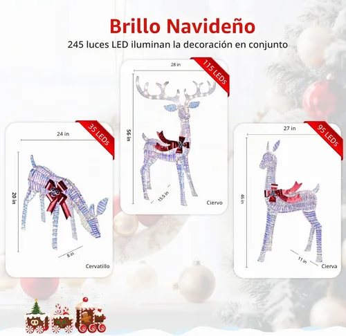 Vista 6 de Decoraciones navideñas para exteriores, familia de renos, decoración navideña iluminada, ciervos iridiscentes, 3 piezas con luces LED, cable
