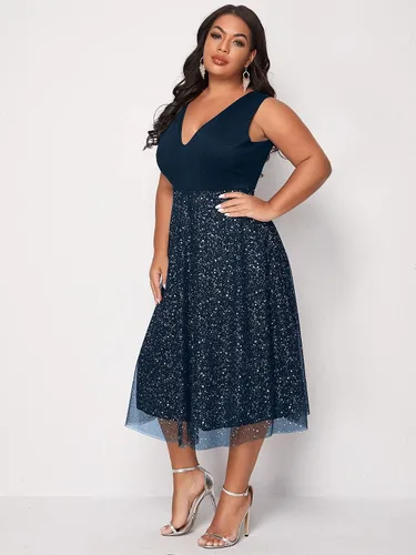 Vista 3 de Floerns Vestido midi de noche con cuello en V y sin mangas para mujer