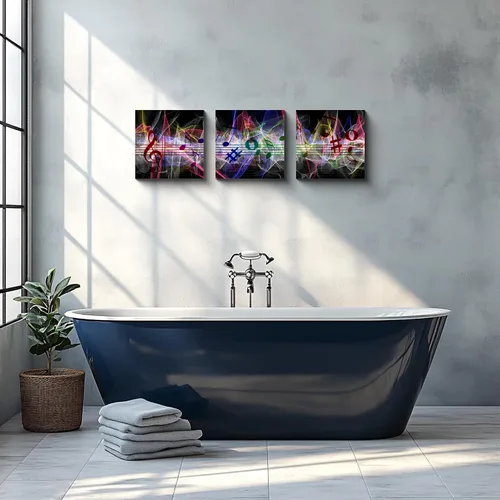 Vista 6 de 3 piezas de lienzo musical para pared, impresiones de notas musicales abstractas, coloridas ilustraciones de ondas sonoras, claves agudas