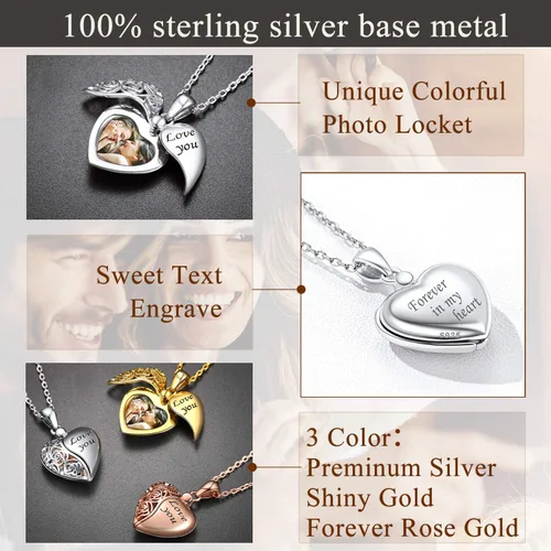 Vista 4 de SILVERCUTE Personalized & Engraved Locket Necklace with 18" Chain -Angel Wings Locket, Custom Heart Locket Pendant That Holds Picture, Sterling
