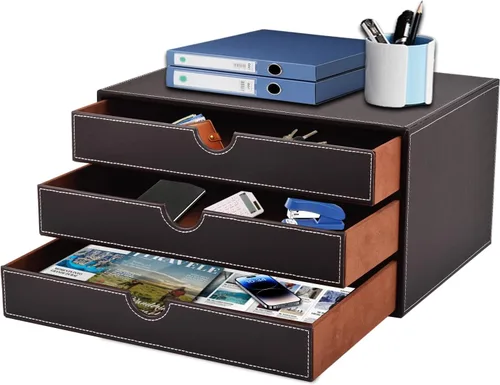 Vista 8 de Organizador de escritorio de piel sintética con 3 cajones, suministros de oficina ejecutivos, archivador A4, soporte para joyas, facturas, papel