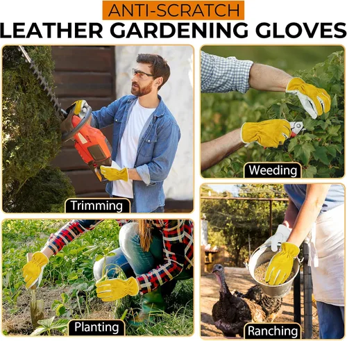 Vista 5 de HANDLANDY Guantes de jardinería de cuero para hombre, guantes de trabajo utilitarios para mecánicos, construcción, conductor
