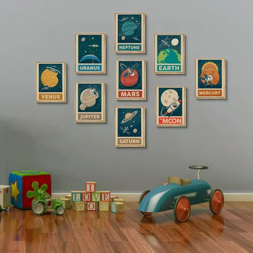 Vista 8 de 9 piezas de arte de pared retro del sistema solar para cuarto de niños, imágenes espaciales retroespaciales, galaxia, decoración de pared, pinturas