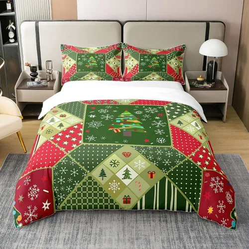 Vista 3 de Funda de edredón de árbol de Navidad 100% algodón natural, juego de ropa de cama de copos de nieve de Navidad para niños y niñas, funda de edredón