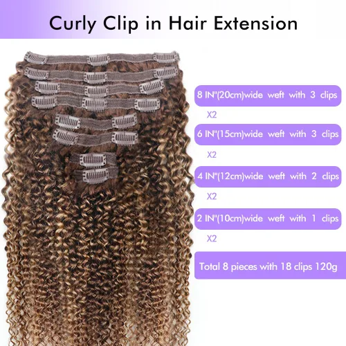 Vista 2 de Extensiones de cabello humano real rizado con clip, balayage, color marrón chocolate a rubio caramelo, 8 piezas con 18 clips, 4.23 oz/juego