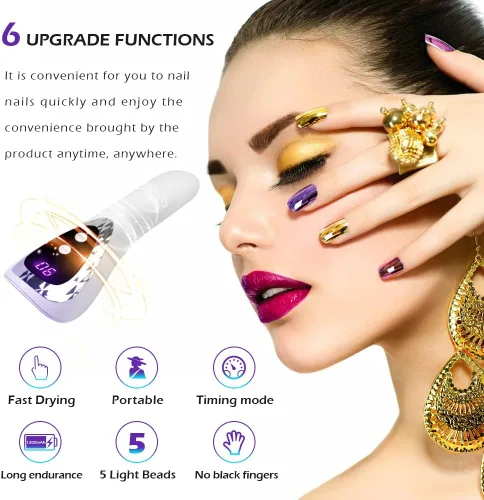 Vista 5 de Luz UV de mano para uñas de gel, mini lámpara de uñas portátil con flash LED, esmalte de curado de uñas recargable, secado rápido, máquina de secado