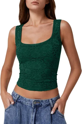Vista 13 de QINSEN Camiseta sin mangas de doble capa con cuello cuadrado y ribete de encaje para mujer Amarillo claro