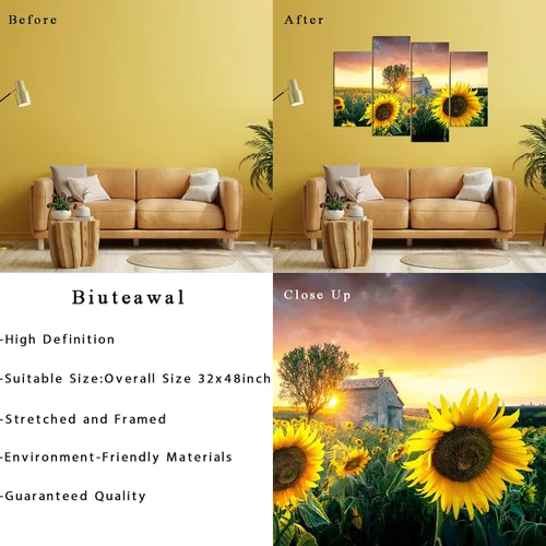 Vista 6 de Biuteawal Lienzo decorativo de girasol para pared, 4 piezas, puesta de sol, paisaje, impresión de flores amarillas, cuadro enmarcado, arte de campo