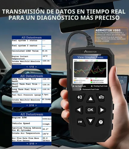 Vista 7 de Escáner OBD2, V880 - Lector de código de luz de motor para automóviles y camiones con reinicio, datos en vivo, prueba de humo I/M, escáner de Negro