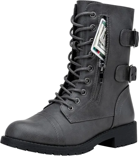 Vista 11 de Vepose Botas de combate para mujer, tacón bajo, botas militares a media pantorrilla con bolsillo para tarjetero, cuchillo y cartera